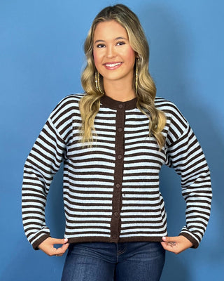 Lakeside Stripes Brown & Powder Blue Cardigan Sweater - All About You