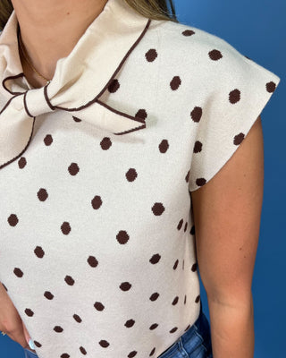Latte Love Polka Dot Tie Neck Sleeveless Knit Top - All About You