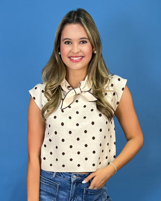 Latte Love Polka Dot Tie Neck Sleeveless Knit Top - All About You