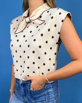 Latte Love Polka Dot Tie Neck Sleeveless Knit Top - All About You