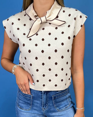 Latte Love Polka Dot Tie Neck Sleeveless Knit Top - All About You