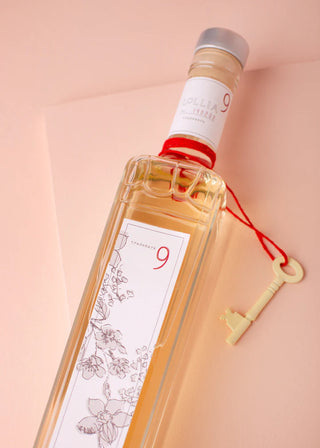 Bottle of alcohol with a key-shaped object on a pink background