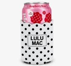 Pink can of raspberry rose pop with a yellow polka dot can cooler labeled 'LULU MAC' on a white background
