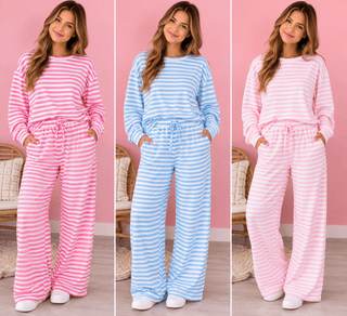 ultra-soft lounge pants feature timeless horizontal stripes, a relaxed wide leg silhouette, and an adjustable drawstring wais