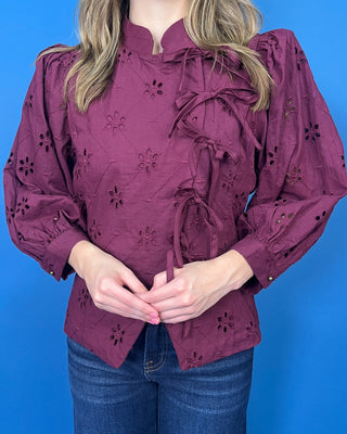 Magnolia Lane Plum Eyelet Lace Bow Tie Top - All About You