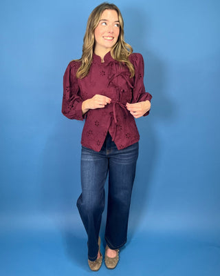 Magnolia Lane Plum Eyelet Lace Bow Tie Top - All About You