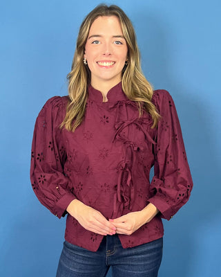 Magnolia Lane Plum Eyelet Lace Bow Tie Top - All About You