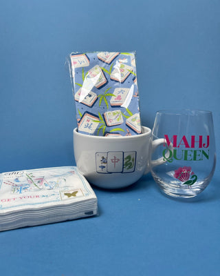 Mahj Queen stemless wine glass with vibrant pink and green lettering and a colorful peacock design on clear glass, perfect fo