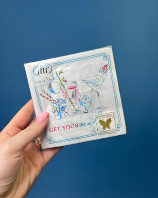 Mahjong Drinks Cocktail Napkins featuring colorful cocktail illustrations, Mahjong tiles, and dice, perfect for Mahjong game