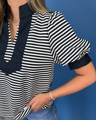 Main Street Deep Navy Stripe Color Block Top - All About You