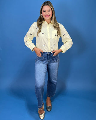 Mallard Meadow Embroidered Button Up Yellow Top - All About You