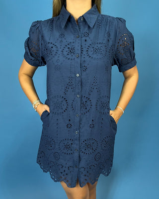 Marina Navy Puff Sleeve Button Up Eyelet Dress - All About You