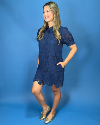 Marina Navy Puff Sleeve Button Up Eyelet Dress - All About You