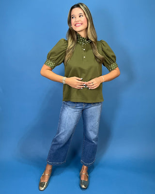 Martini Olive Polka Dot Contrast Ruffle Top - All About You