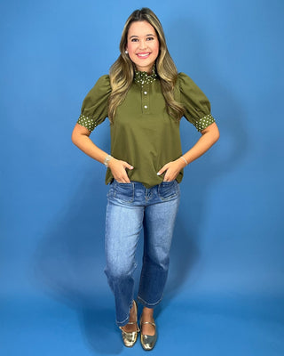 Martini Olive Polka Dot Contrast Ruffle Top - All About You