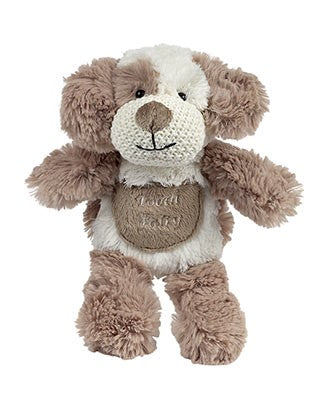 Plush dog toy with a brown and white color scheme on a white background