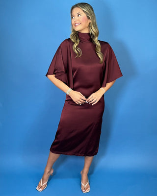 Merlot Dream Burgundy Satin Tie Back Midi Dress - All About You