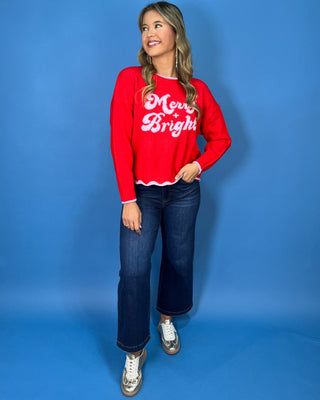 Merry + Bright Scallop Trim Red & Pink Knit Christmas Sweater - All About You