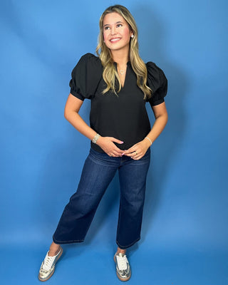 Midnight Charm Textured Puff Sleeve Top - All About You