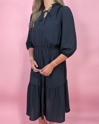 Midnight Grace Black Midi Tiered Dress - All About You