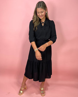 Midnight Grace Black Midi Tiered Dress - All About You