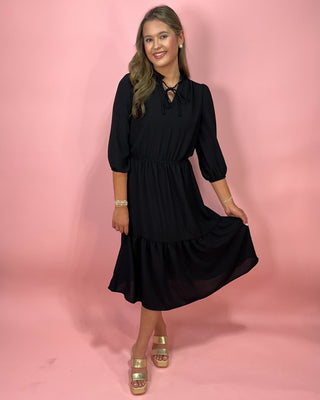 Midnight Grace Black Midi Tiered Dress - All About You