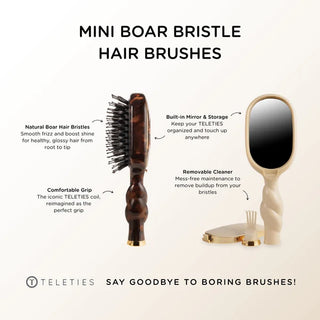 Teleties mini boar bristle hair brush with mirror on a white background