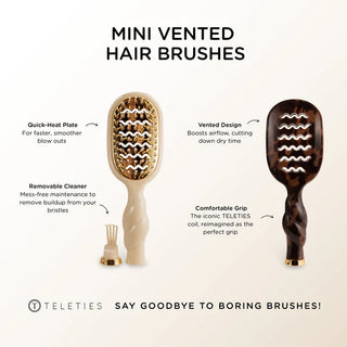 Two mini vented hair brushes with features highlighted on a white background, branded as Teleties.