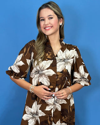 Mocha Magnolia Floral Button Front Midi Dress - All About You