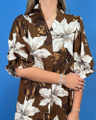Mocha Magnolia Floral Button Front Midi Dress - All About You