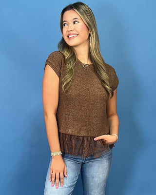 Mocha Muse Textured Knit Lace Trim Short Sleeve Top - All About You