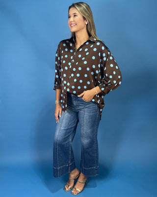 Mocha & Sky Blue Polka Dot Button Up Top - All About You