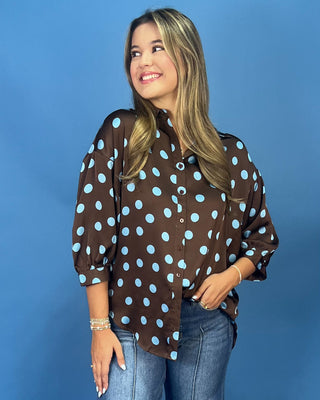 Mocha & Sky Blue Polka Dot Button Up Top - All About You