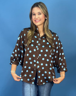Mocha & Sky Blue Polka Dot Button Up Top - All About You