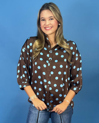 Mocha & Sky Blue Polka Dot Button Up Top - All About You