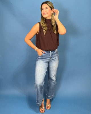 Modern Muse Tie Neck Draped Brown Bubble Hem Top - All About You