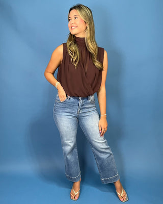 Modern Muse Tie Neck Draped Brown Bubble Hem Top - All About You