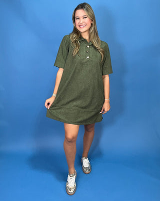 Moss Meadow Gold Detail Corduroy Shift Dress - All About You