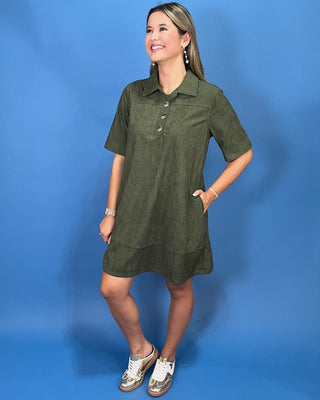 Moss Meadow Gold Detail Corduroy Shift Dress - All About You