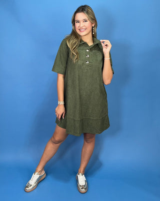 Moss Meadow Gold Detail Corduroy Shift Dress - All About You