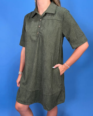 Moss Meadow Gold Detail Corduroy Shift Dress - All About You
