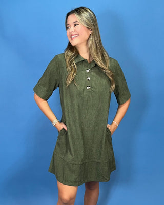 Moss Meadow Gold Detail Corduroy Shift Dress - All About You