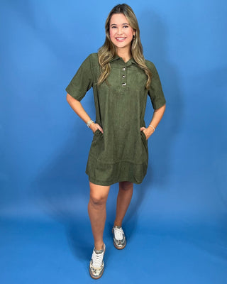 Moss Meadow Gold Detail Corduroy Shift Dress - All About You