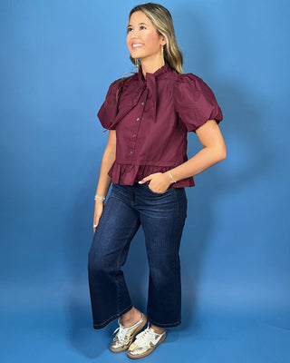 Mulberry Muse Tie Neck Button Up Puff Sleeve Top - All About You