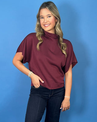 Mulled Wine Mock Neck Dolman Sleeve Top - All About You