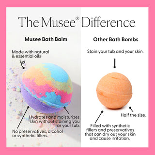 Comparison of Musee Bath Balm and other bath bombs on a pink background