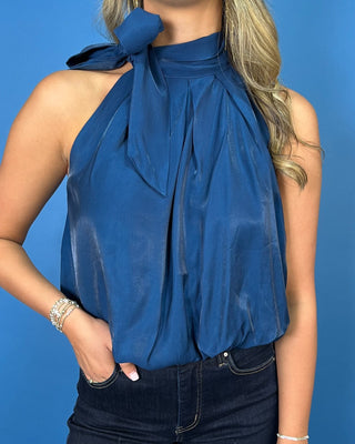 Navy Belle High Neck Tie Wrap Bubble Hem Shiny Top - All About You