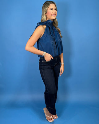 Navy Belle High Neck Tie Wrap Bubble Hem Shiny Top - All About You