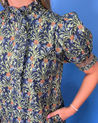 Navy Heirloom Floral Puff Sleeve Maxi Dress - All About You
