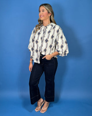 Navy Oasis Gathered Sleeves Floral Button Up Top - All About You